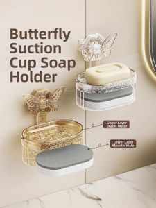 MEYGOROOM | Creative Butterfly Wall Mounted Double Layer Drain Soap Dish Organizer