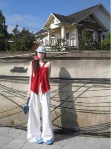 Red Stringy Selvedge Lace-up Camisole Womens Summer Pure Desire Vacation Style Loose Short Irregular Sleeveless Tops