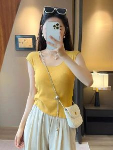 PEIXI | Yellow U-Neck Ice Silk Thin Summer T-Shirt Short Sleeve