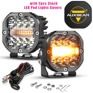 LED Cubes 6 Lighting Modes 3Inch 96W Amber White LED Square Light Pod with 2pc 3inch LED Pod Lights Covers with Memory Function Waterproof Off Road Fog Driving Work Light Bar for Offroad Truck SUV ATV UTV Boat with DT Plug Wiring Harness Kit - 2 Lead