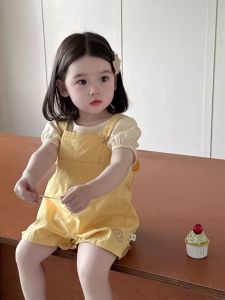 Baby Girls Summer Outfit Short Sleeve T-Shirt And Overalls Two-Piece Set Lightweight Cotton round Neck Button Closure Clothes