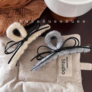 Korean Style Leather Butterfly Knot Wool Simple Hair Claw Womens Large Size Autumn Winter High End Feeling Shark Hair Claw