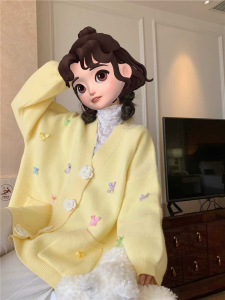 Sweet Style V-Neck Knitted Open Cardigan Sweater Womens Autumn Winter Loose Lazy Style Top Three-Dimensional Flower Butterfly Knot