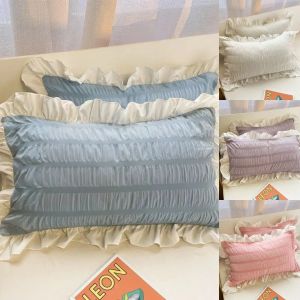 ปลอกหมอนผ้าฝ้ายฟอกสีปลอกหมอนนอร์ดิกสีขาวสีเทาสีชมพูลูกไม้มีระบายสไตล์เจ้าหญิงปลอกหมอนตกแต่งห้องนอน