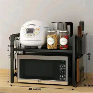 Expandable Microwave Shelf Microwave Holder with 6 Hooks Kitchen Storage Rack Microwave Baking Rack Extendable 40-64cm