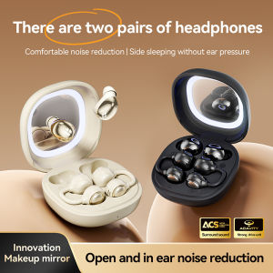 M165 2-Pair Clip-On Wireless Earbuds with Built-in LED Makeup Mirror AI Noise Cancelling Panoramic Surround Sound Open-Ear Bluetooth Earphones for Women Multicolor Options