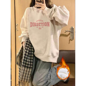 Gray Fleece Lined Thickened Hoodless Sweatshirt Womens Spring Autumn Winter Loose Comfortable Korean Style Long Sleeve Top