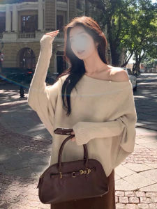 French Sweet Batwing Sleeve Soft Cozy Knitted Sweater Womens Autumn New Lazy Loose Fit Versatile Slant Shoulder Top
