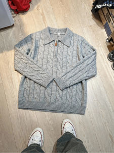 ZHUOCAN | Gray Half Zip Cable Knitted Sweater Mens Winter