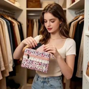 Floral Double Pull 4-Layer Cotton Change Bag for Girls Fresh Pastoral Style Silver ID Card Coin Wallet