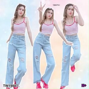 TW19847 กางเกงยีนส์ กระบอกใหญ่ แต่งขาด ..