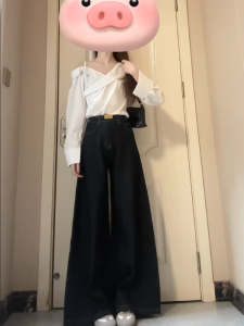 Retro Deep Blue High เอว ขากว้าง เดนิม กระโปรง หลวม พรางหุ่น Drapey Straight กางเกงขายาว สําหรับผู้หญิง ฤดูใบไม้ร่วง ฤดูหนาว รูปแบบใหม่