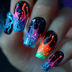 Medium fake nails for women girls Y2K gradient green blue orange blue graffiti Square almond nail tips full cover press on nails