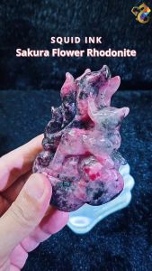 Collectors Grade Squid Ink Sakura Flower Rhodonite 9-Tailed Fox Display