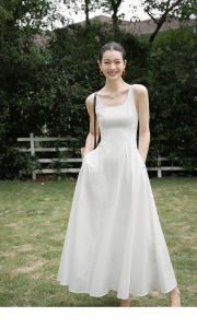 Elegant U-Neck Sleeveless A-Line Tailored Waist-Cinching White Summer Dress