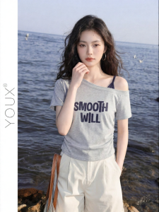 YOUXIANG | Áo Thun Cổ Xệ Tay Ngắn
