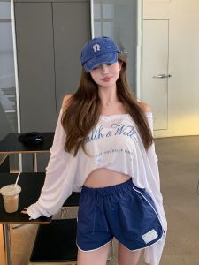 VKSOD | Bộ đồ hai mảnh in chữ phong cách Hàn Quốc cho nữ mùa hè 2025 Quần short ống rộng cạp cao áo chống nắng cổ chữ V