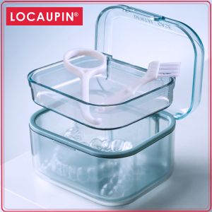 Locaupin Denture Case Kit With Strainer Large Mouth Guard With Lid Hinge Storage Soak Container Denture Case