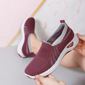 Slip On Rubber Shoes For Women Round Toe Mesh Casual Lightweight Sneakers Fly Knitting Comfortable Bottom Wedge Shoes