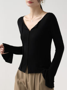 Black Long Sleeves T-Shirt Womens Inner Bottoming Shirt Shoulder V Neck Early Autumn Bell Sleeve Stylish Slit Slim-Fitting Tops