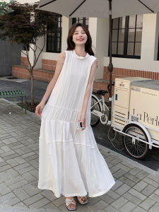 White Soft Fluffy Beach Vacation Long Dress Womens Summer Sleeveless Gown A-Line Silhouette Korean Style Loose Waist Belt