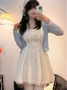 Pastoral Style Sling Dress for Women Summer Weather Lace Patchwork Sleeveless Square Neck Short Length with Waist Tie