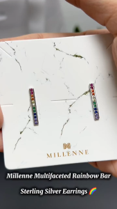 MILLENNE Multifaceted Rainbow Bar Studded Cubic Zirconia White Gold Drop Earrings with 925 Sterling Silver (MLP-01)