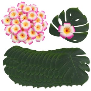 10Pcs Christmas Silk Artificial Monstera Palm Leaves Plumeria Flowers for Hawaiian Tropical Party Decor Home Room Wedding Decor