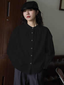 Loose Lantern Sleeve round Neck Womens Shirt Hong Kong Style Business Casual Cotton Blend Long Sleeve Spring Fashion