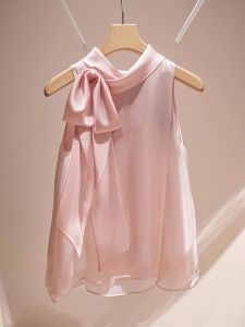 Pink Bow Tie Neck Hanging Sleeveless Shirt Women Summer Thin Gentle Outwear Small Top Korean Style Straight Cut Other Material