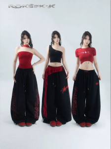 Street Style Black Wide Leg Pants Floral Embroidery