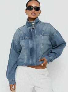 Autumn American Vintage Womens Washed Denim Jacket Stand Collar Loose Long Sleeve Fashion Casual Streetwear Winter Jeans Coats
