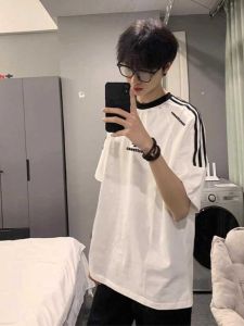 American Retro 100% Heavy Weight T-Shirt Pure Cotton Three Bars Stripes Short Sleeve Men Clothing Summer Small Neckline Couple Half Sleeve