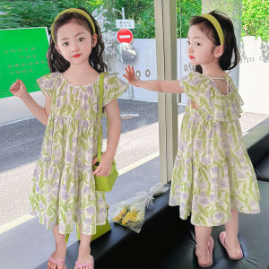 Girls Cotton Summer Thin Vest Dress Floral Print Princess Skirt Childrens Beach Dress Single Layer Dress Girls Clothing