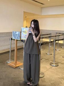 VKSOD | Korean Style Simple Elegance Loose Slimming Two-Piece Set Summer 2025 Womens Long Pants Top And Bottoms Ensemble