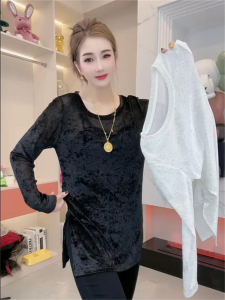 Elegant Heavy-Detail Sparkling Long Sleeve Mid-Length Split Slim Fit Top Fashionable Lightweight Autumn New Arrival for Women