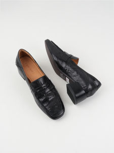 Sheepskin Womens Flats Leather Shoes British Style Square Head Thick Heel Middle Heel Genuine Leather Single Shoes