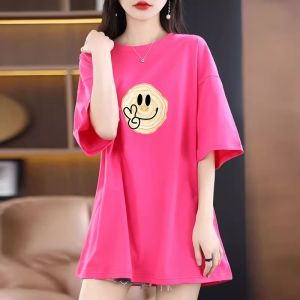 เสื้อยืดคอกลมแขนสั้นพิมพ์ลายผ้าฝ้ายแท้ 2025 ฤดูร้อน เสื้อยืดแขนสั้นทรงหลวมสำหรับผู้หญิง เสื้อแขนยาวครึ่งตัว ทรงหลวม แขนยาวครึ่งตัว