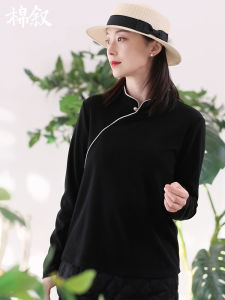 Thickened Winter Long Sleeve Womens T-shirt Cotton Velvet Base Shirt Artistic Commute Style Stand Collar Straight Cut Fit