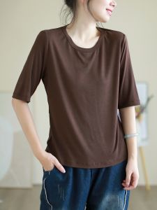 Dale New Artistic Ice Silk mid Sleeve T Shirt Women Loose Casual Solid Color round Neck Overhead Thin Autumn 2023 Fashion