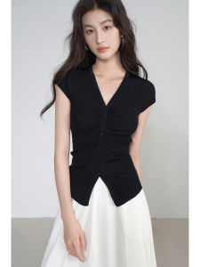 เสื้อคาร์ดิแกนถักไหมน้ำแข็งบางๆ แขนสั้นคอวี ทรงสลิมฟิต สำหรับผู้หญิง ฤดูร้อน สีดำ แฟชั่นสตรีท คอวี แขนสั้น ปกติ