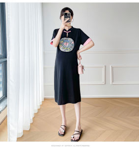 Pregnant Womens Clothing Chinese Style Short-sleeved Dress National Style Stitching Embroidery Mid-length Maternity Skirt