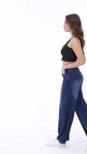 YUCOLEN Womens High Waist Wide Leg Knit Denim Pants Elastic Waistband Stretch Soft Jean Trousers Four Pockets Casual Daily Pants