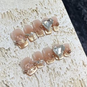 Short Nail Art Wearable Diamond Bear Heart Cartoon Design Pink Series Nail Tips Handmade Crafted from Mainland China