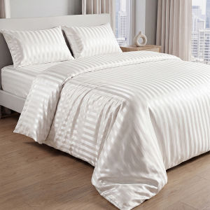 Satin Striped Duvet Cover Set Silky Jacquard Vertical Stripe Bedding with 1 Duvet Cover + 2 Pillow Cases Wrinkle Resistant