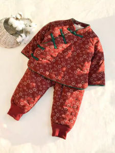 Handmade Childrens Thickened Cotton Padded Jacket And Pants Set Pure Cotton Red Winter Outfit for Girls Loose Fit Baby Clothes