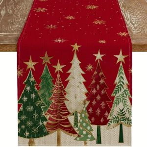 Khăn Trải Bàn Hình Cây Thông Giáng Sinh VIKAMA Với Họa Tiết Ngôi Sao Vàng Và Bông Tuyết Chất Liệu Polyester Giống Vải Lanh Dùng Trang Trí Bàn Cho Bữa Tiệc Giáng Sinh Tại Nhà