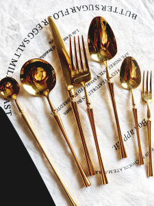 ช้อนและส้อมีดสำหรับทานอาหารตะวันตกแบบสแตนเลส 304 ชุดสีทองน้ำเงินน้ำตาล ช้อนสำหรับทานอาหารกลางวันแบบเรียบง่ายและหรูหรา