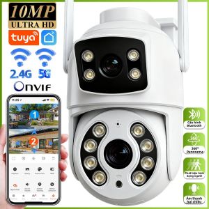 Camera Tuya 10MP Hai Ống Kính PTZ Wifi 5G Ngoài Trời Chống Nước Màn Hình Kép An Ninh Gia Đình Tầm Nhìn Ban Đêm Màu Sắc