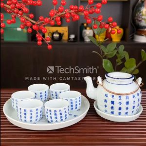 Bộ Ấm Pha Trà Men Lam Nắp Lõm Chữ Khay Đĩa Đơn Bát Tràng Trúc Lâm Thất Hiền - Ấm Quai Đồng Dung Tích 390ML